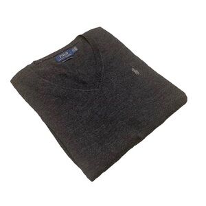 Polo by Ralph Lauren Men's Dark Charcoal V-Neck 100% Merino Wool Sweater